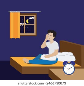 Ilustración de un hombre en su dormitorio sosteniendo su cabeza porque se siente mareado y no puede dormir por la noche cuando son las 2 p.m.