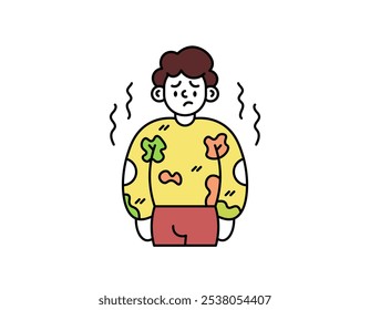 ilustração de um homem com suas roupas muito sujas. vestindo roupas sujas e muito cheirosas. mau odor corporal. sentindo-se desconfortável por causa de roupas sujas. design de personagem estilo esboço. elementos