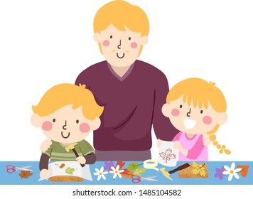 Illustration of a Man with His Kids Pounding Flowers on Paper