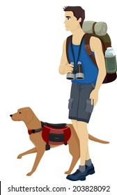 Illustration of a Man and His Pet Dog Hiking