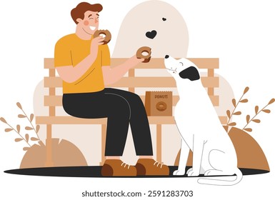 Illustration of a man with his pet dog in the park. This illustration depicts the warm relationship between a pet and its owner in a meaningful visual way.