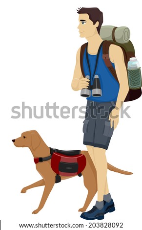 Illustration of a Man and His Pet Dog Hiking