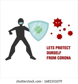 illustration of man hold shield, protect himself from corona virus