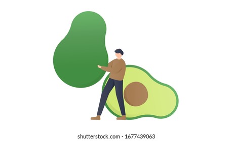 ilustración de un hombre sosteniendo un aguacate. diseño plano. Se puede utilizar para páginas de inicio, plantillas, UI, web.