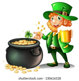 Illustration of a man holding a beer beside a pot of coins on a white background