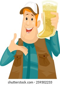 Illustration of a Man Holding a Beer Mug Shaped Like a Boot