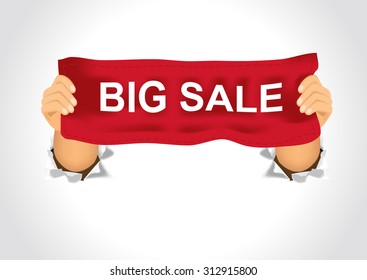 illustration of man holding a big sale banner in his two hands 