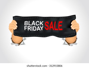 illustration of man holding a black Friday sale banner in his two hands 