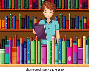 Illustration of a man holding a book in the library