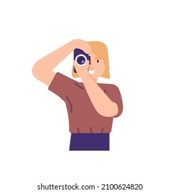 illustration of a man holding a camera. take a photo or photograph. photographer, freelance, worker. profession and work. flat cartoon style. vector design. ui, element