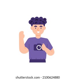 illustration of man holding camera and waving. take a photo or photograph. photographer, freelance, worker. profession and work. flat cartoon style. vector design. ui, element
