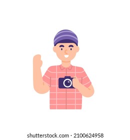 illustration of man holding camera and waving. take a photo or photograph. photographer, freelance, worker. profession and work. flat cartoon style. vector design. ui, element