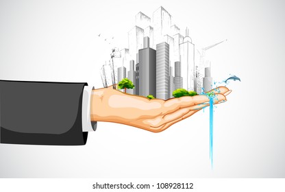 illustration of man holding cityscape with building on palm