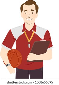 Illustration of a Man Holding a Clipboard and a Basketball Ball, Working as a Physical Education Teacher