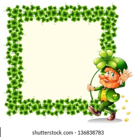 Illustration of a man holding a clover leaf beside a frame made of leaves on a white background
