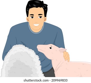 Illustration of a Man Holding a Coat of Sheep Wool