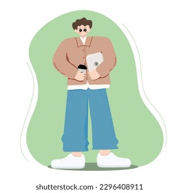 Illustration of man holding coffee and laptop for work. freelance
Vector.Isolated background
