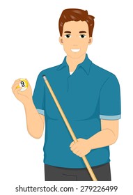 Illustration of a Man Holding a Cue Stick and a Billiard Ball