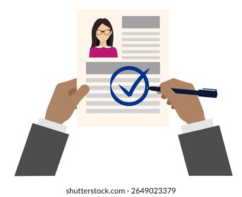 Illustration of a man holding a CV and a pen, ready to sign or approve. The CV features a profile photo of a woman and a visible check mark, indicating approval or successful selection. 