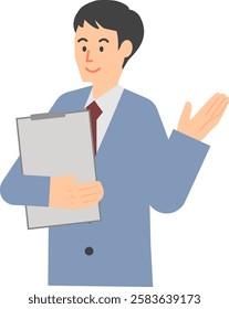 Illustration of a man holding documents in one hand and raising his other hand to make a proposal