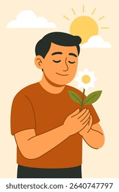 Illustration of a man holding a flower with a peaceful expression. Symbol of hope, gratitude, and emotional healing. Flat style, mental wellness, self-care, and mindfulness concept.