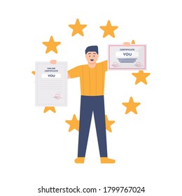 ilustración de un hombre en posesión o obteniendo un certificado y un documento de reconocimiento. concepto de premio y apreciación, mejor graduado, cum laude. diseño plano. se puede utilizar para elementos, páginas de inicio, interfaz de usuario, caracteres