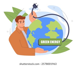 Illustration of a man holding a globe with a power plug, surrounded by leaves on a white background. Concept of green energy and environmental conservation. Vector illustration