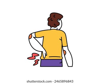 illustration of a man holding his back waist because of pain. back pain due to injury and sitting for too long. lower back pain. stiff or tense muscles. health problems. outline style character