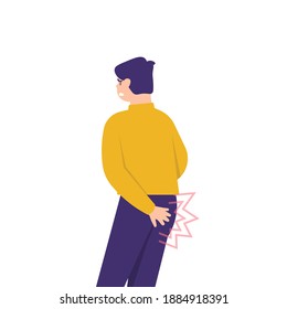 illustration of a man holding his butt in pain. people suffer from hemorrhoids, ulcers, as well as bruises or wounds on the bottom. flat style. vector design elements