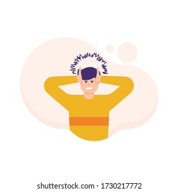 illustration of a man holding his head due to illness, migraine, dizziness, and nausea. flat design. can be used for elements, banners, landing pages, UI.