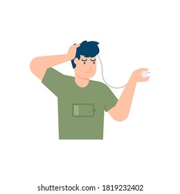 illustration of a man holding his head and feeling tired and dizzy due to running out of energy or strength. trying to charge energy using a charger. low battery concept. flat style. element design