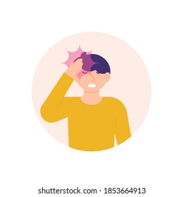 illustration of a man holding his head due to pain, migraine, dizziness and nausea. sick or stressed person. a child grimacing in pain. problems and illnesses. flat style. design elements.