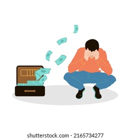 Illustration with a man holding his head, next to a suitcase with money. Loss of money. The concept of losing money on investment, trading or in a crisis. Stress from losing money.