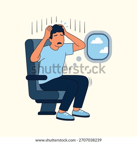 An illustration of a man holding his head while panicking during a flight, representing flying phobia (aerophobia) and intense fear of flying.