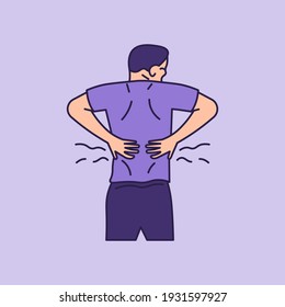 illustration of a man holding his lower back or waist. suffer from back pain, kidney failure, muscle pain, rheumatism. people affected by the disease. outline or line style. minimalistic vector design