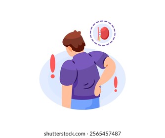 illustration of a man holding his lower back because he feels pain. suffering from kidney disease. kidney problems. symptoms of Nephropathy or kidney failure. health problems. flat style character