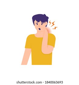 illustration of a man holding his neck because the neck feels stiff and sore. experiencing neck pain, muscle pain, osteoarthritis, pinched nerves, rheumatism, and fibromyalgia. flat style design