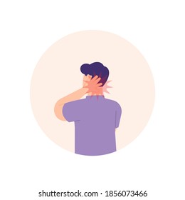 illustration of a man holding his neck because the neck feels stiff and sore. experiencing neck pain, muscle pain, osteoarthritis, pinched nerves, rheumatism, and fibromyalgia. flat style design