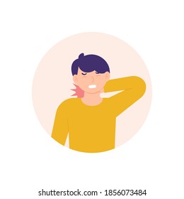 illustration of a man holding his neck because the neck feels stiff and sore. experiencing neck pain, muscle pain, osteoarthritis, pinched nerves, rheumatism, and fibromyalgia. flat style design