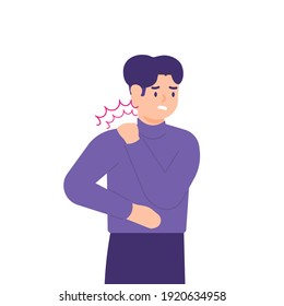 illustration of a man holding his neck because his neck feels stiff and sore. experiencing neck pain, muscle pain, osteoarthritis, pinched nerves, rheumatism, and fibromyalgia. flat style design