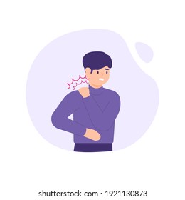 illustration of a man holding his neck because his neck feels stiff and sore. experiencing neck pain, muscle pain, osteoarthritis, pinched nerves, rheumatism, and fibromyalgia. flat style design