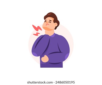 Ilustración de un hombre sosteniendo su cuello debido al dolor y el calor. Dolor de garganta. Dolor de garganta, infección, inflamación. Dolor al tragar. Problemas de salud. Diseño de personajes de estilo plano. Gráfico