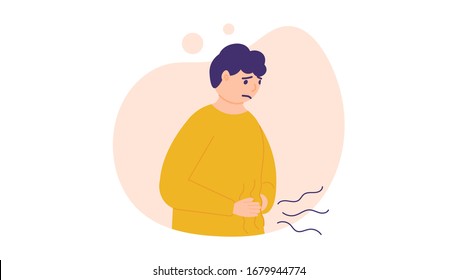 illustration of a man holding his stomach, his stomach churning from hunger. get an upset stomach or an ulcer. flat design