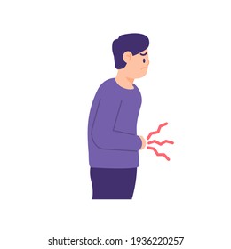 illustration of a man holding his stomach, his stomach churning from hunger. get an upset stomach or an ulcer. flat style. vector design