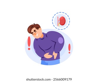 illustration of a man holding his stomach because he feels pain. suffering from kidney disease. kidney problems. symptoms of Nephropathy or kidney failure. health problems. flat style character