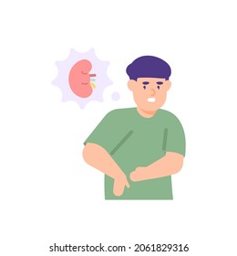 illustration of a man holding his waist because he feels pain in the stomach and also in the back of the body. suffering from kidney infection, kidney failure, low back pain, ulcers. flat cartoon