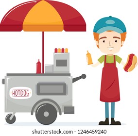 Illustration of a Man Holding Hotdog Sandwich and Mustard Standing Next to His Cart