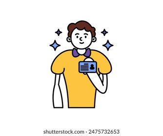 illustration of a man holding an identity card. show membership card. show identification card. Show card for registration. character illustration design. graphic elements. outline style