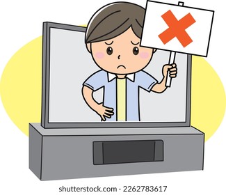 Illustration eines Mannes, der eine falsche Antwortplatine von einem einfachen, großen TV- oder LCD-Bildschirm hält