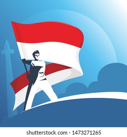 illustration of a man holding indonesian flag